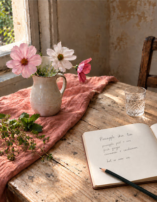A rustic wooden table by a window with a pink cloth, a ceramic pitcher holding pink and white cosmos flowers, an open notebook with handwritten text and a pencil, and a clear glass tumbler.