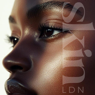 Close-up of glowing, healthy skin with Skin LDN logo overlay, representing natural beauty and skin health.
