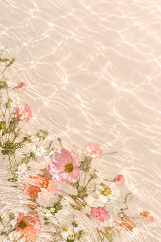A soft-focus floral arrangement with pink, peach, white, and green flowers floating on a warm beige background with rippling water-like light patterns.