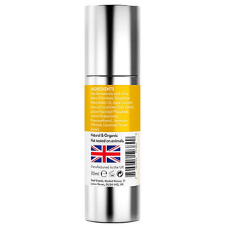 Back label of Skin LDN Vitamin C Radiance Serum, listing Aloe Vera, Vitamin C, Hyaluronic Acid and Retinyl Palmitate as key ingredients.